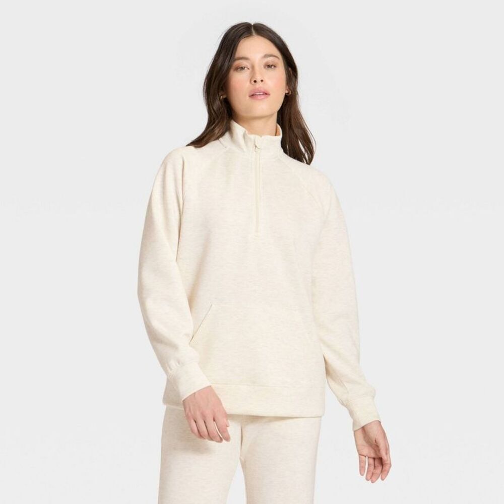 Women's Airy Sleek Legging Friendly Half Zip Sweatshirt - Heathered Cream M
